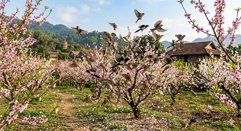 Bầy chim kinh động trong vườn đào